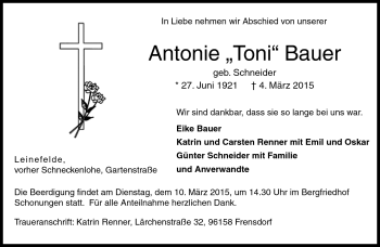 Traueranzeige von Antonie Bauer von Neue Presse Coburg