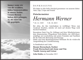 Traueranzeige von Hermann Werner von Südthüringer Presse