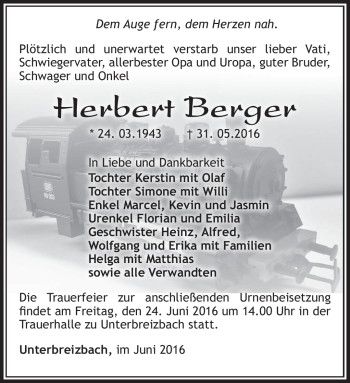 Traueranzeige von Herbert Berger von Südthüringer Presse