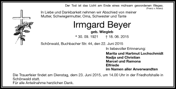 Traueranzeige von Irmgard Beyer von Frankenpost