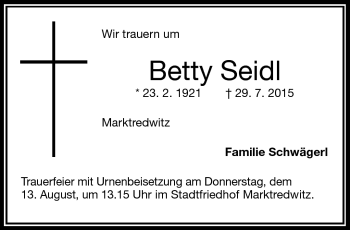 Traueranzeige von Betty Seidl von Frankenpost