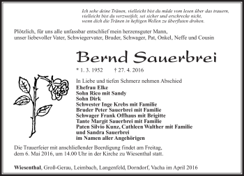 Traueranzeige von Bernd Sauerbrei von Südthüringer Presse