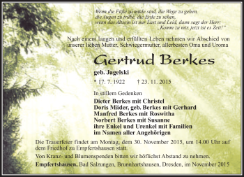 Traueranzeige von Gertrud Berkes von Südthüringer Presse