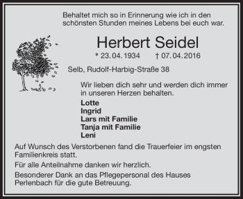 Traueranzeige von Herbert Seidel von Frankenpost
