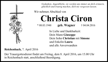 Traueranzeige von Christa Ciron von Neue Presse Coburg