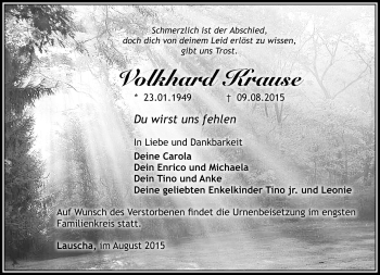 Traueranzeige von Volkhard Krause von Südthüringer Presse