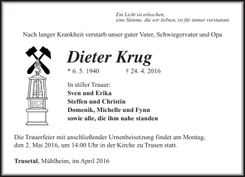 Traueranzeige von Dieter Krug von Südthüringer Presse