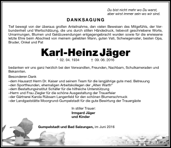 Traueranzeige von Karl-Heinz Jäger von Südthüringer Presse