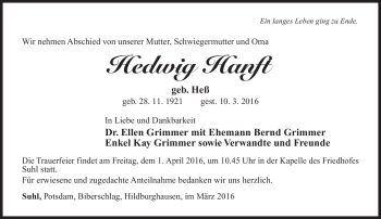 Traueranzeige von Hedwig Hanft von Südthüringer Presse