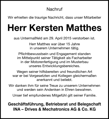 Traueranzeige von Kersten Matthes von Südthüringer Presse