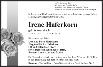 Traueranzeige von Irene Haferkorn von Südthüringer Presse