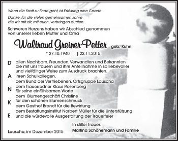 Traueranzeige von Waltraud Greiner-Petter von Südthüringer Presse