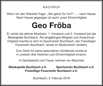 Traueranzeige von Geo Fröba von Neue Presse Coburg