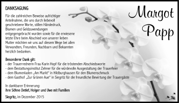 Traueranzeige von Margot Papp von Südthüringer Presse