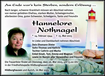 Traueranzeige von Hannelore Nothnagel von Südthüringer Presse