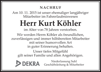 Traueranzeige von Kurt Köhler von Südthüringer Presse