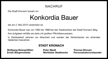 Traueranzeige von Konkordia Bauer von Neue Presse Coburg