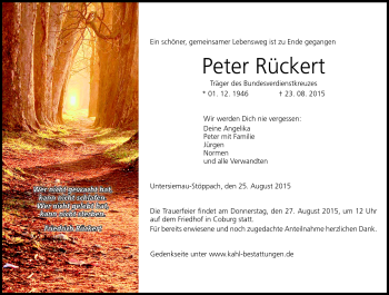 Traueranzeige von Peter Rückert von Neue Presse Coburg
