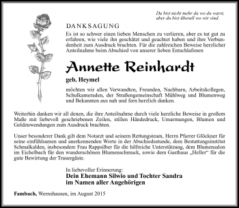 Traueranzeige von Annette Reinhardt von Südthüringer Presse
