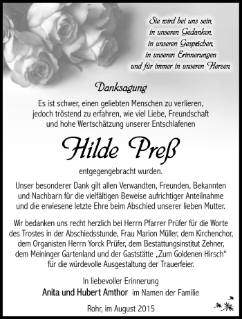 Traueranzeige von Hildegard Preß von Südthüringer Presse