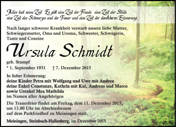 Traueranzeige von Ursula Schmidt von Südthüringer Presse