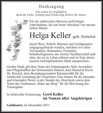 Traueranzeige von Helga Keller von Südthüringer Presse