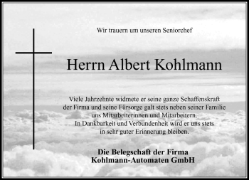 Traueranzeige von Albert Kohlmann von Neue Presse Coburg