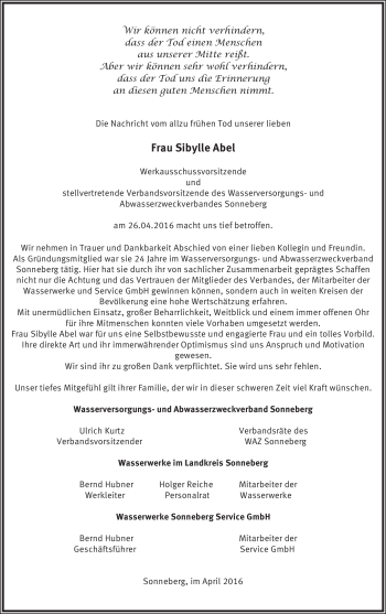Traueranzeige von Sibylle Abel von Südthüringer Presse