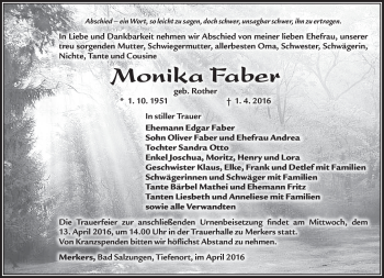 Traueranzeige von Monika Faber von Südthüringer Presse