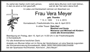 Traueranzeige von Vera Meyer von Frankenpost