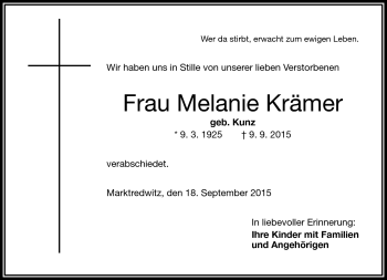 Traueranzeige von Melanie Krämer von Frankenpost