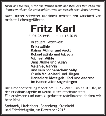 Traueranzeige von Fritz Karl von Südthüringer Presse