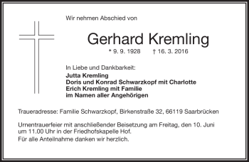Traueranzeige von Gerhard Kremling von Frankenpost