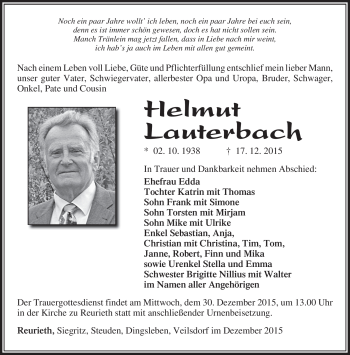 Traueranzeige von Helmut Lauterbsch von Südthüringer Presse