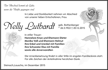 Traueranzeige von Nelly Luthardt von Südthüringer Presse