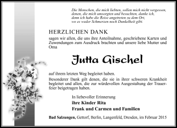 Traueranzeige von Jutta Gischel von Südthüringer Presse