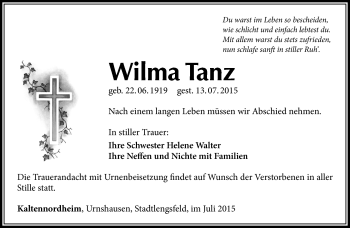Traueranzeige von Wilma Tanz von Südthüringer Presse