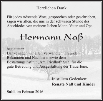 Traueranzeige von Hermann Naß von Südthüringer Presse