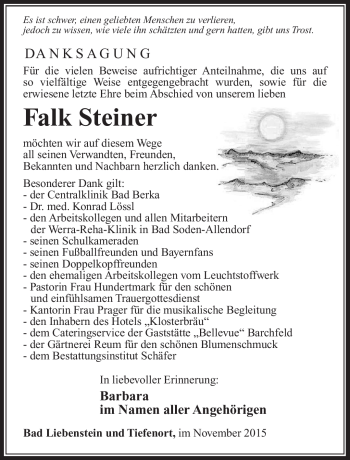 Traueranzeige von Falk Steiner von Südthüringer Presse