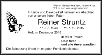 Traueranzeige von Reiner Struntz von Frankenpost