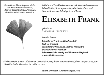 Traueranzeige von Elisabeth Frank von Südthüringer Presse