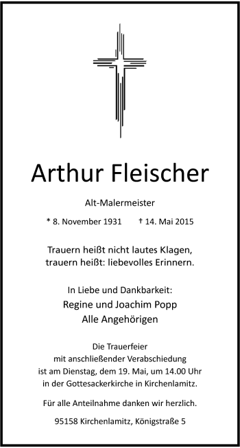 Traueranzeige von Arthur Fleischer von Frankenpost