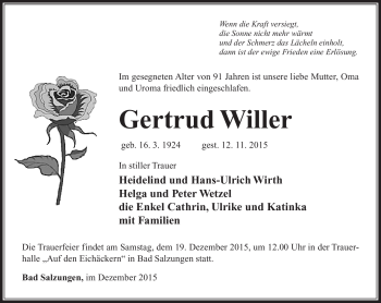 Traueranzeige von Gertrud Willer von Südthüringer Presse