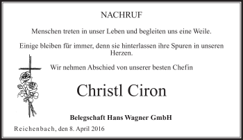 Traueranzeige von Christl Ciron von Neue Presse Coburg