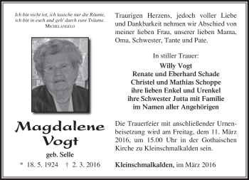 Traueranzeige von Magdalene Vogt von Südthüringer Presse