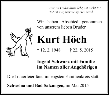 Traueranzeige von Kurt Höch von Südthüringer Presse