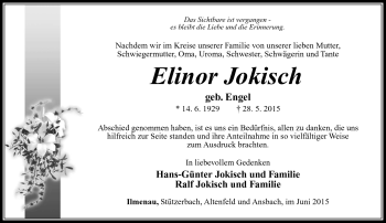 Traueranzeige von Elinor Jokisch von Südthüringer Presse