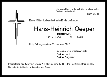 Traueranzeige von Hans-Heinrich Oesper von Frankenpost