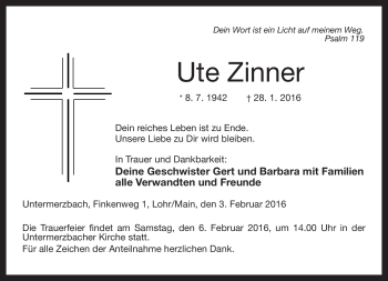 Traueranzeige von Ute Zinner von Neue Presse Coburg