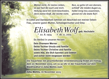 Traueranzeige von Elisabeth Wolf von Südthüringer Presse